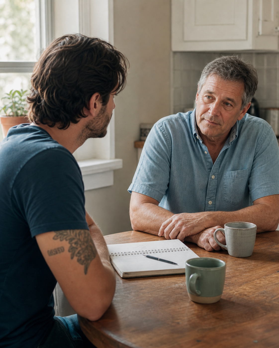 An adult and family member having a calm conversation at a kitchen table